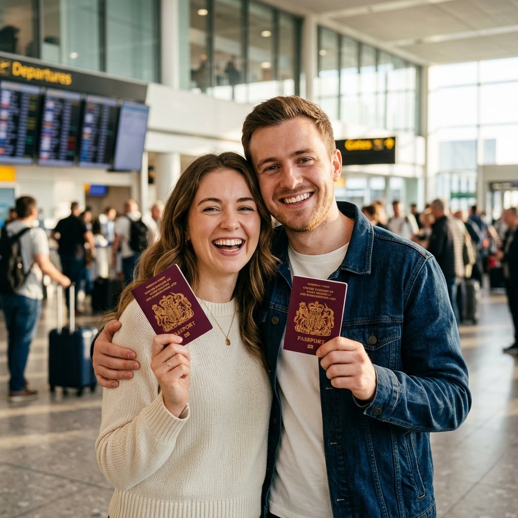 Pareja exitosa con sus visas en el aeropuerto